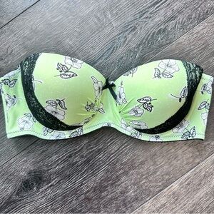 Jezebel 36C strapless bra green black floral lace